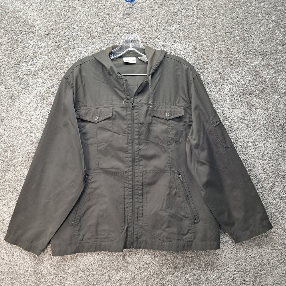 Chicos Olive Green Hooded Utility Jacket Full Zip Cargo Pockets Size 2 L 7765